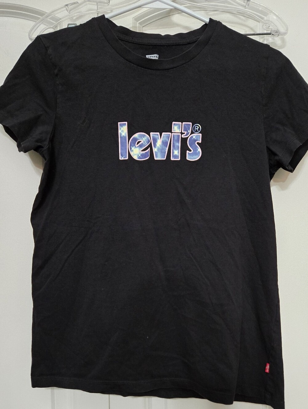 Levi's Women's Black Tee with Blue Tie Dye Logo